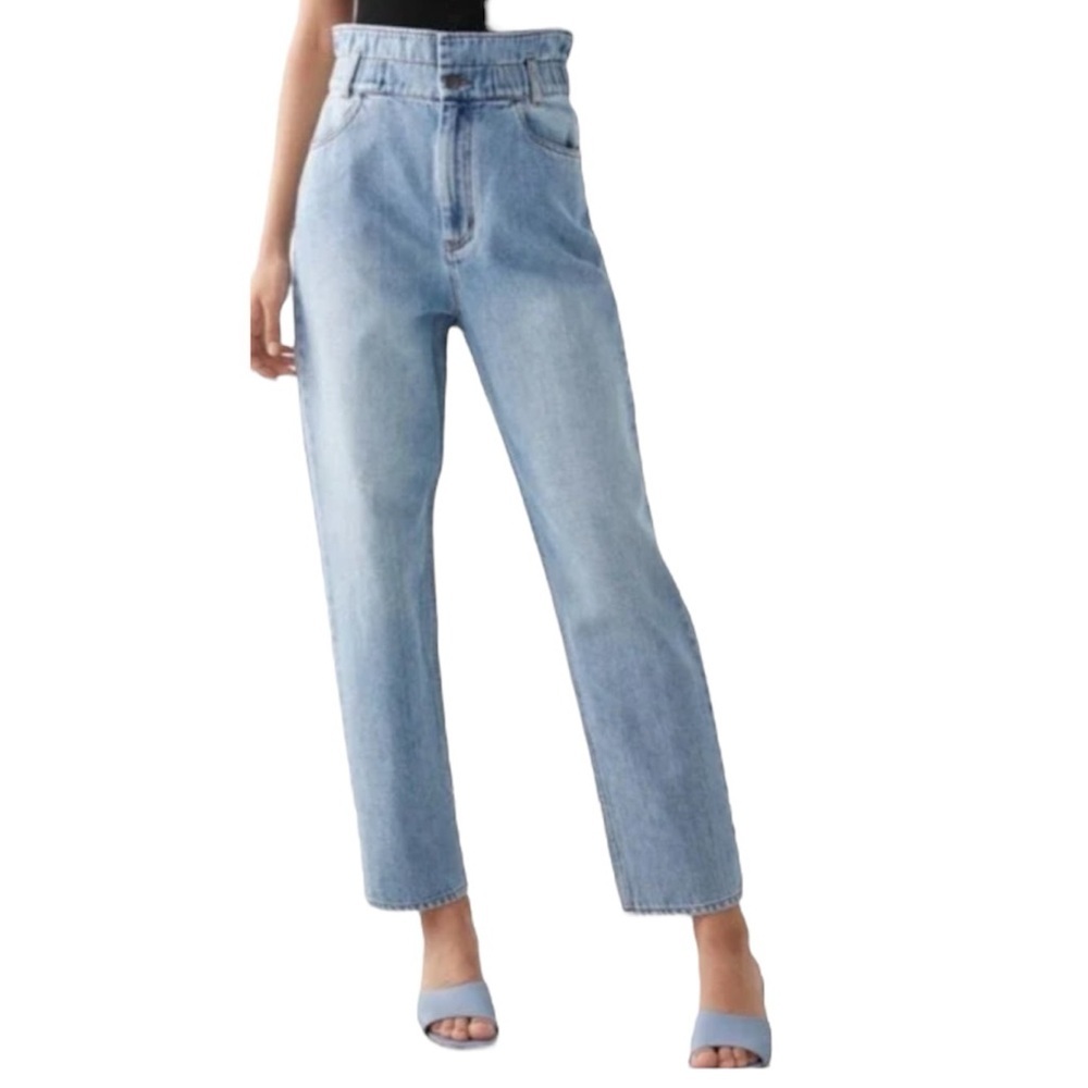 & Other Stories High Waisted Paper Bag Waist Straight Leg Jeans Light Blue 26
